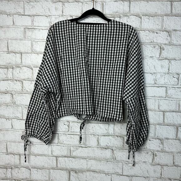 Greylin Millie Blouse Gingham Plaid Checker Top Tie Front Shirt Black White S - Picture 3 of 10